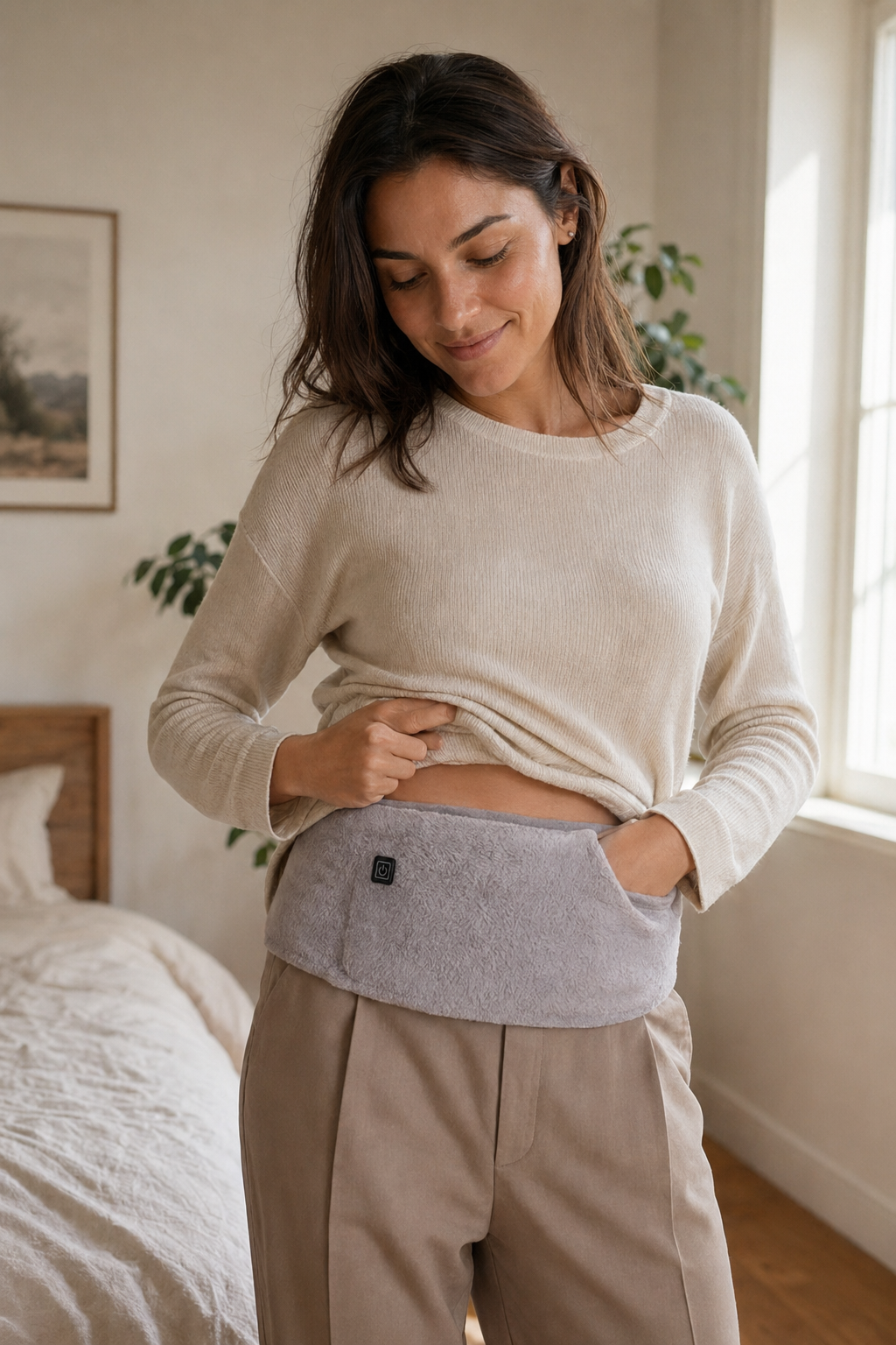 Aeloria HeatHug Wrap worn — hand tucked into pocket