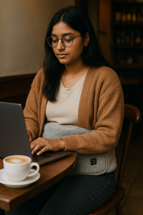 Aeloria HeatHug Wrap — working from a café